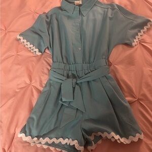 Ocean Blue Linen Belted Romper Ric Rac Trim NWT Size Small Coastal Vacation